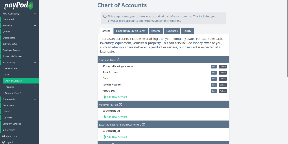 Chart of Accounts on payPod